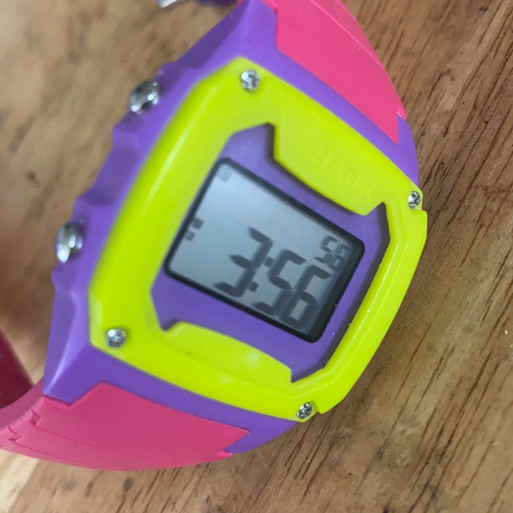 COPY - Women's men's shark freestyle watch. Pink, purple, yellow silicone band.